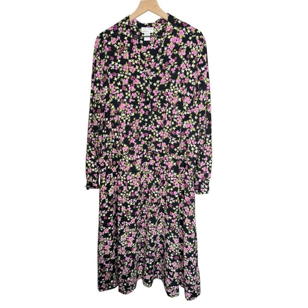 Vintage 90s Elizabeth Williams Floral Long Dress Black Purple Pink Plus Size 3XL - Picture 2 of 7